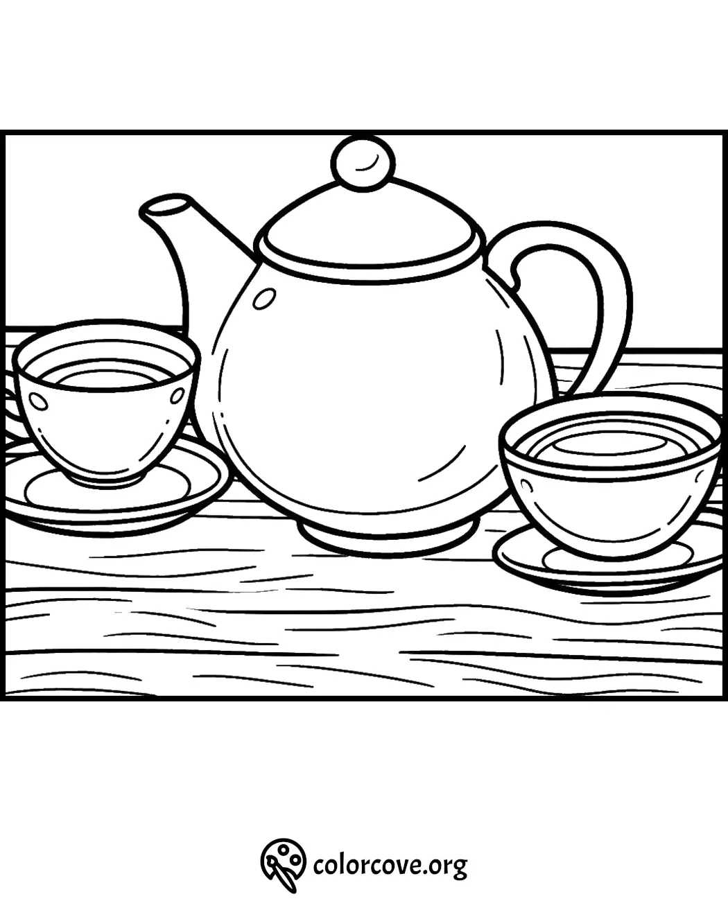 Teapot and tea cups coloring page for kids and adults. Perfect for a relaxing tea time activity. Download now at colorcove.org.