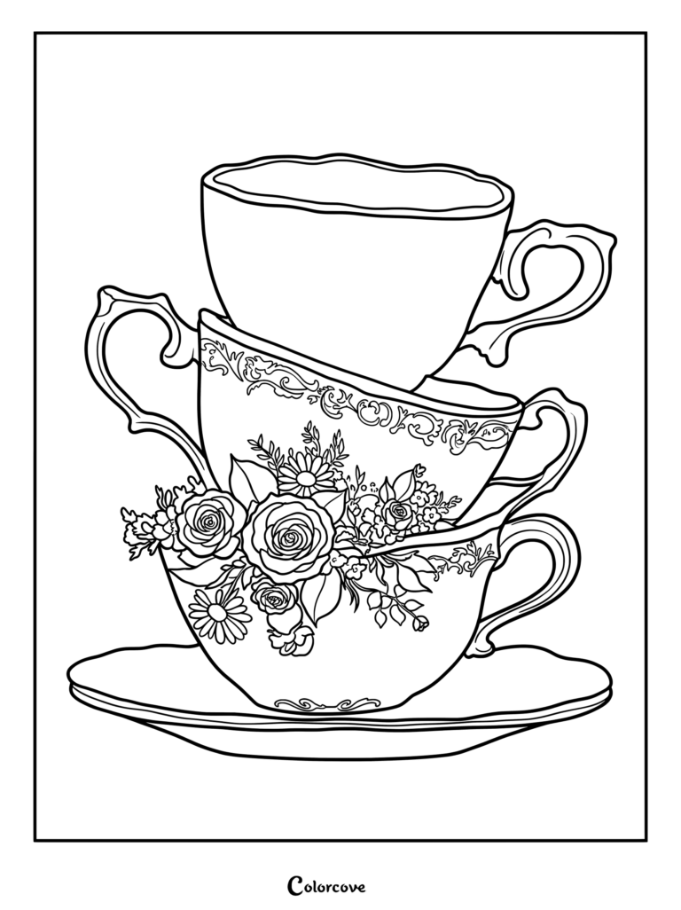A stack of three vintage porcelain tea cups adorned with intricate floral designs and roses, ready as a tea coloring page.