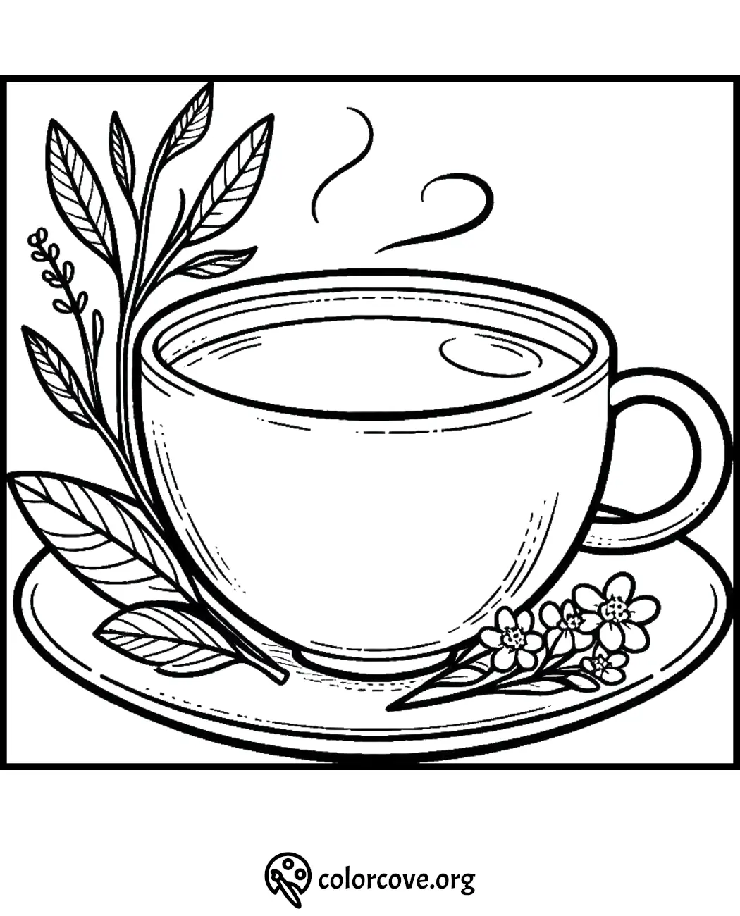 Coloring page of a steaming cup of tea with leaves and flowers on a saucer. Perfect for tea lovers and coloring enthusiasts