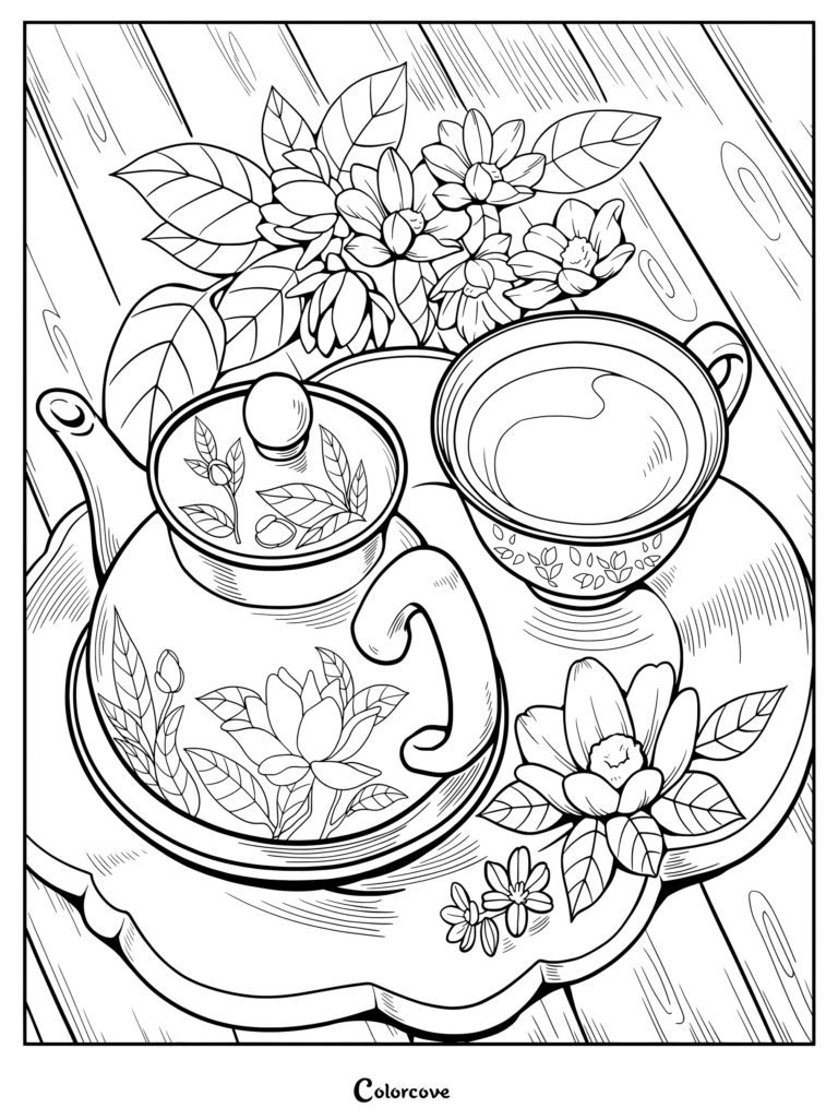 Printable tea coloring page featuring a floral teapot and teacup on a tray.