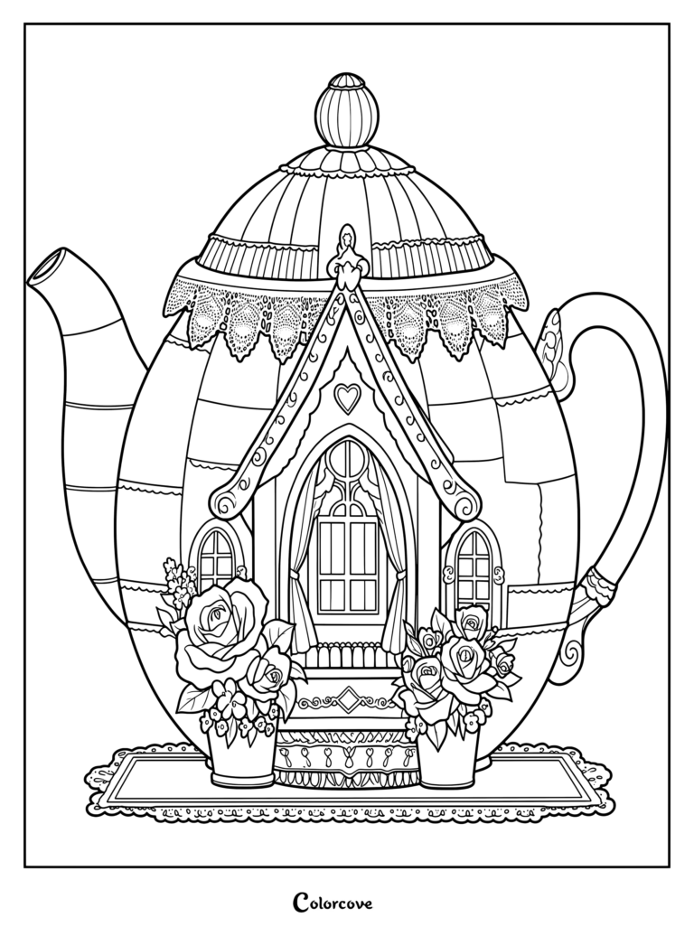 Teapot House coloring page featuring a cozy cottage with rose pots and lace details.