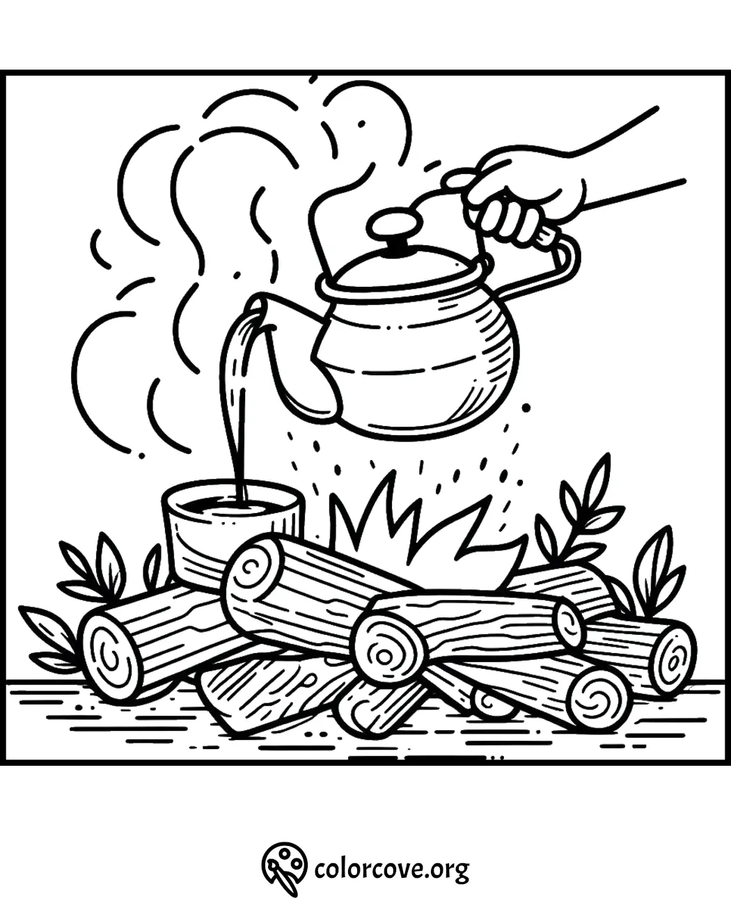 Coloring page of a hand pouring hot water from a kettle into a cup over a campfire with logs, steam rising up.