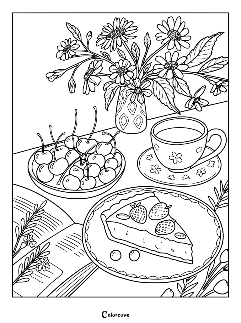 Tea coloring page featuring a cup on a saucer, a bowl of cherries, a slice of strawberry pie, and a vase of daisies.