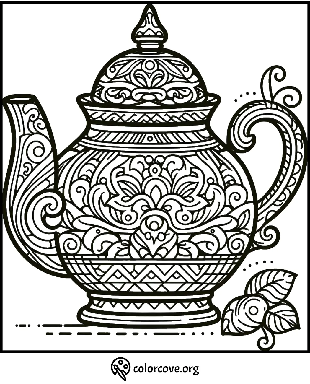 Ornate teapot coloring page with intricate patterns and festive details, perfect for relaxation and creativity.