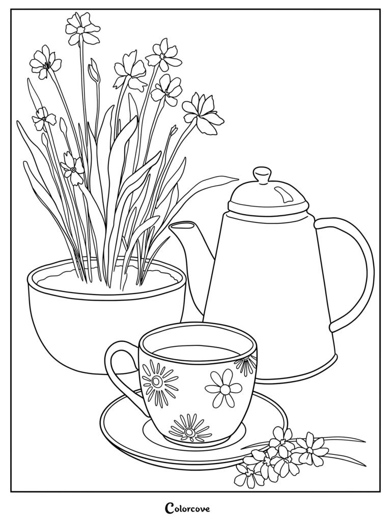 A printable coloring page featuring a teapot, a floral patterned teacup on a saucer, and a potted plant.