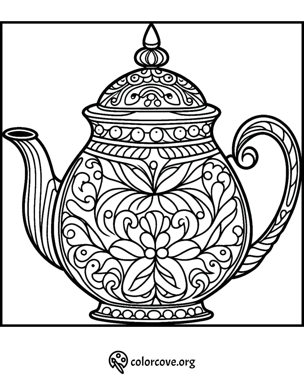 Intricate teapot coloring page with floral patterns for adults from colorcove.org. Ideal for stress relief and creativity.