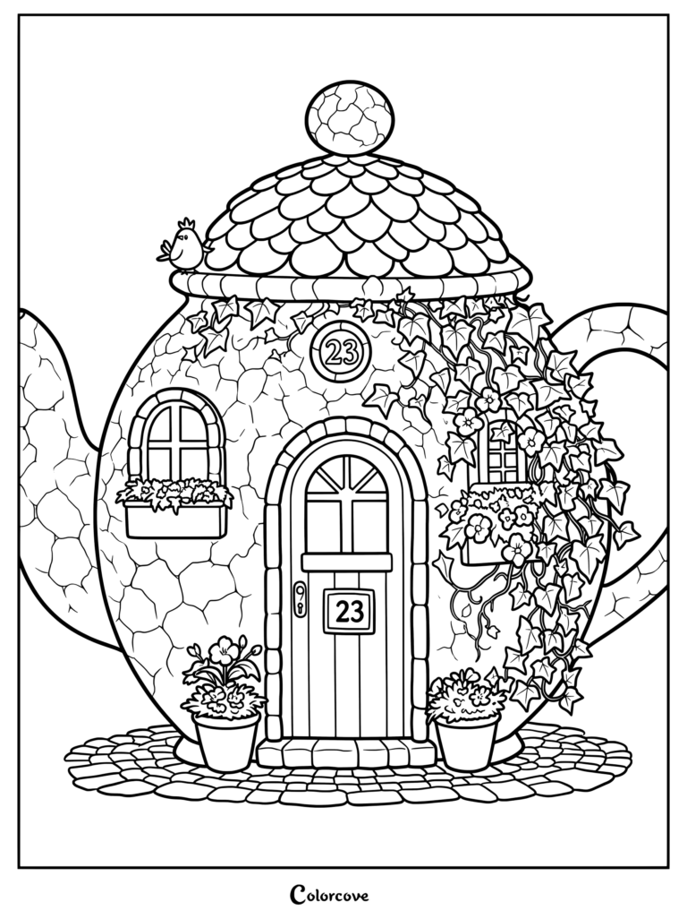 Teapot house number 23 coloring page with ivy, windows, and potted flowers.