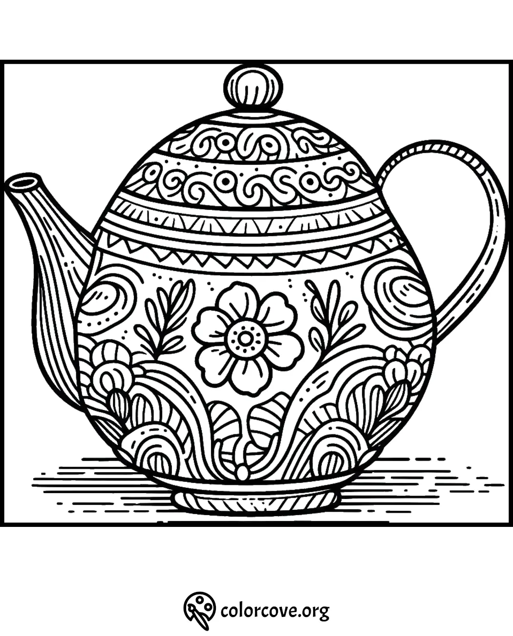 Intricate teapot coloring page with floral and geometric patterns, great for relaxation and creativity.