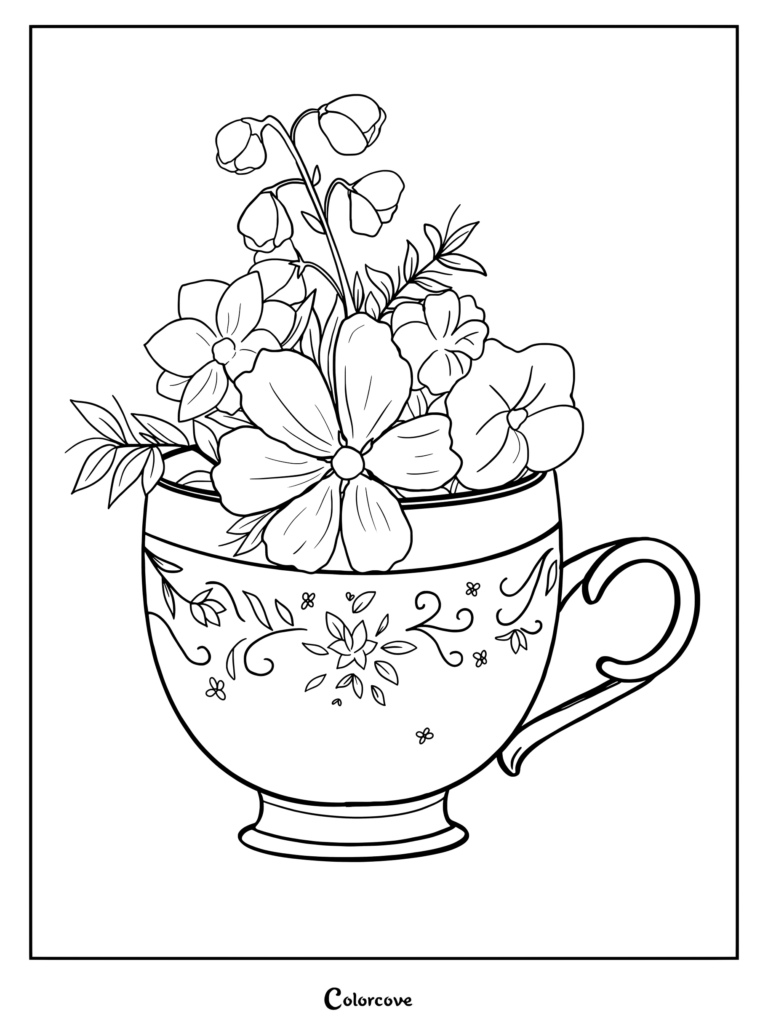 Detailed tea cup filled with blooming flowers for coloring page