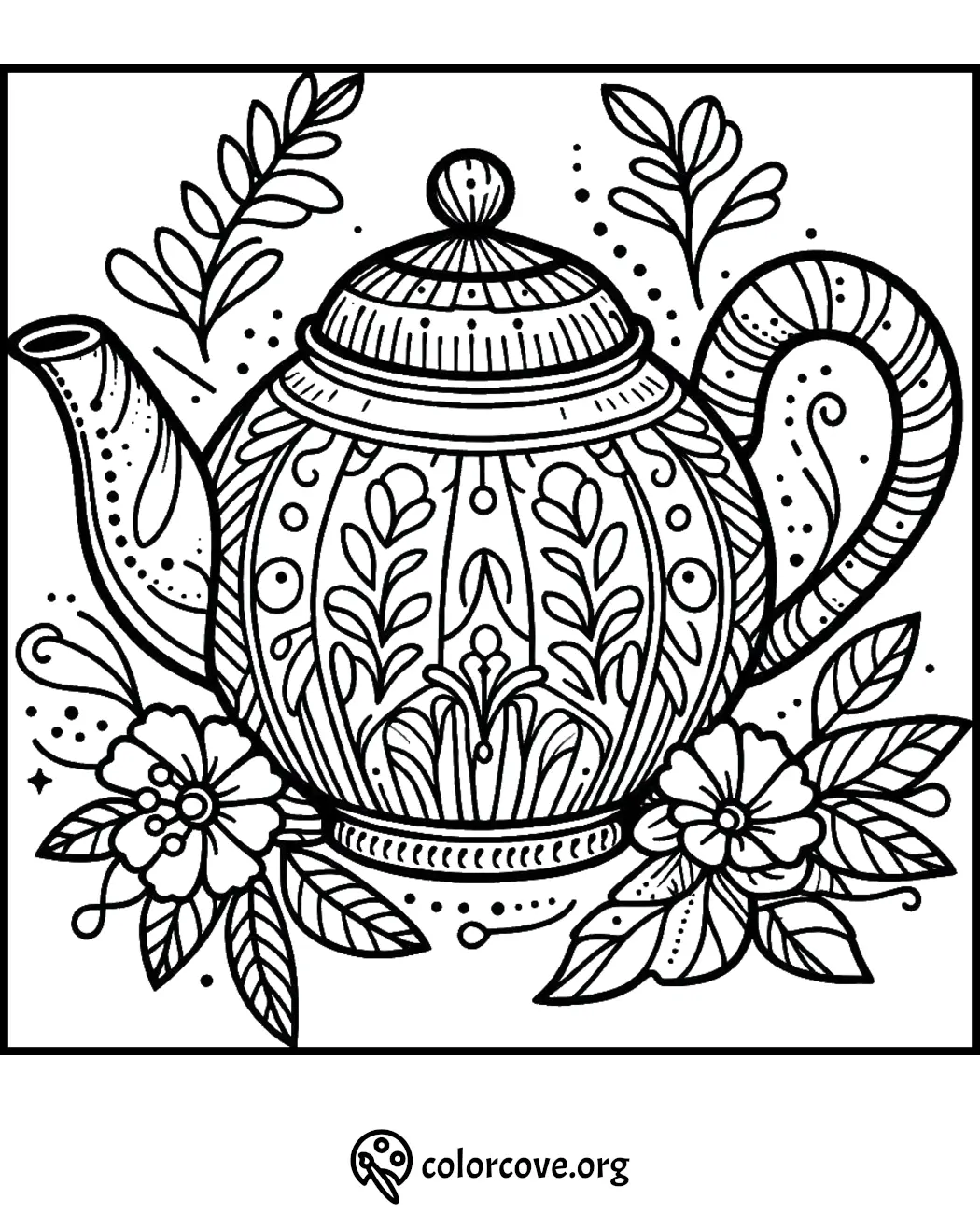 Intricate teapot coloring page with floral and leaf patterns. Perfect for relaxing adult coloring activities.