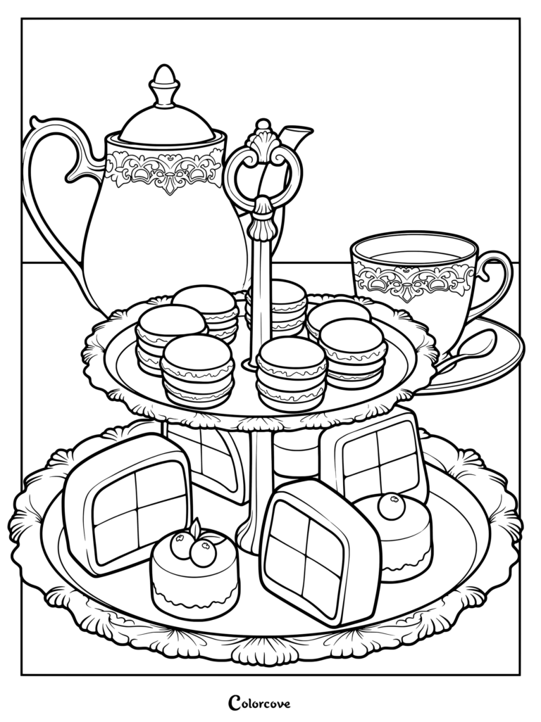 An ornate tea service coloring page featuring a tiered dessert stand with macarons and cakes next to a teapot and teacup.