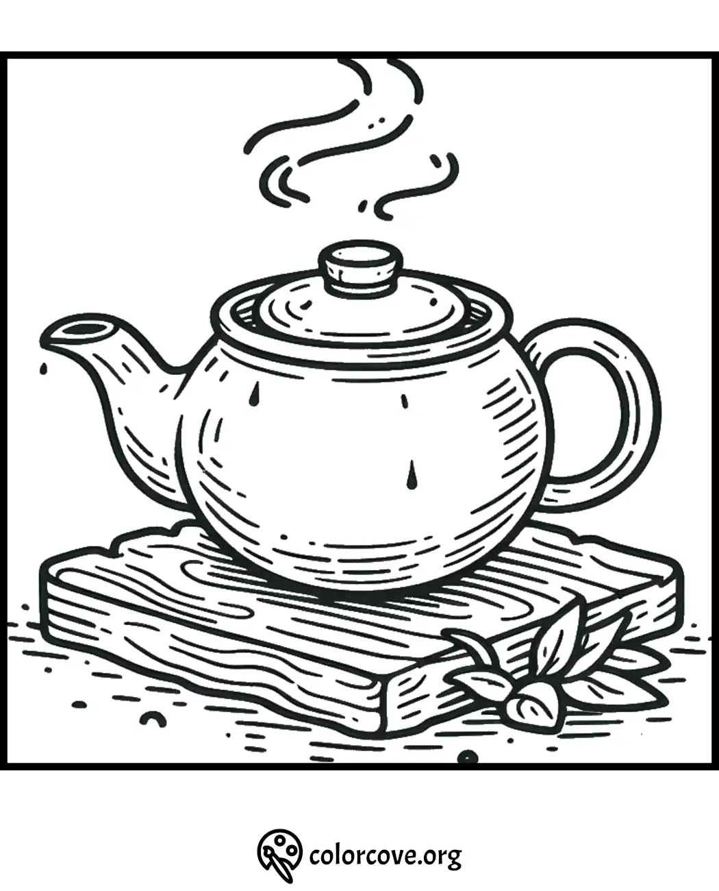 Teapot coloring page featuring a steaming teapot on a wooden board with leaves. Download and color at colorcove.org.