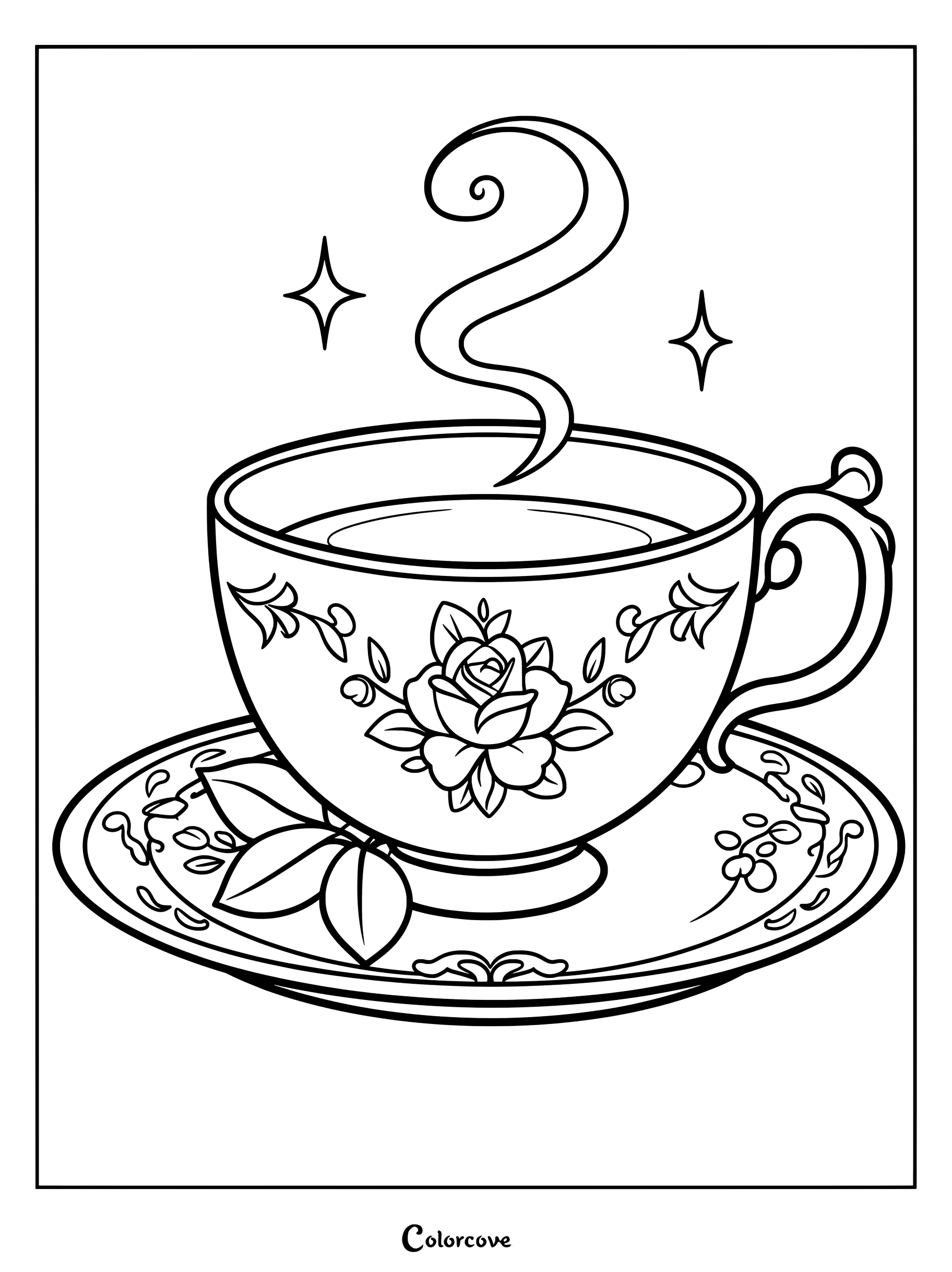 Dibujo para colorear de una taza de té decorativa con ilustración de rosa y té caliente humeante.