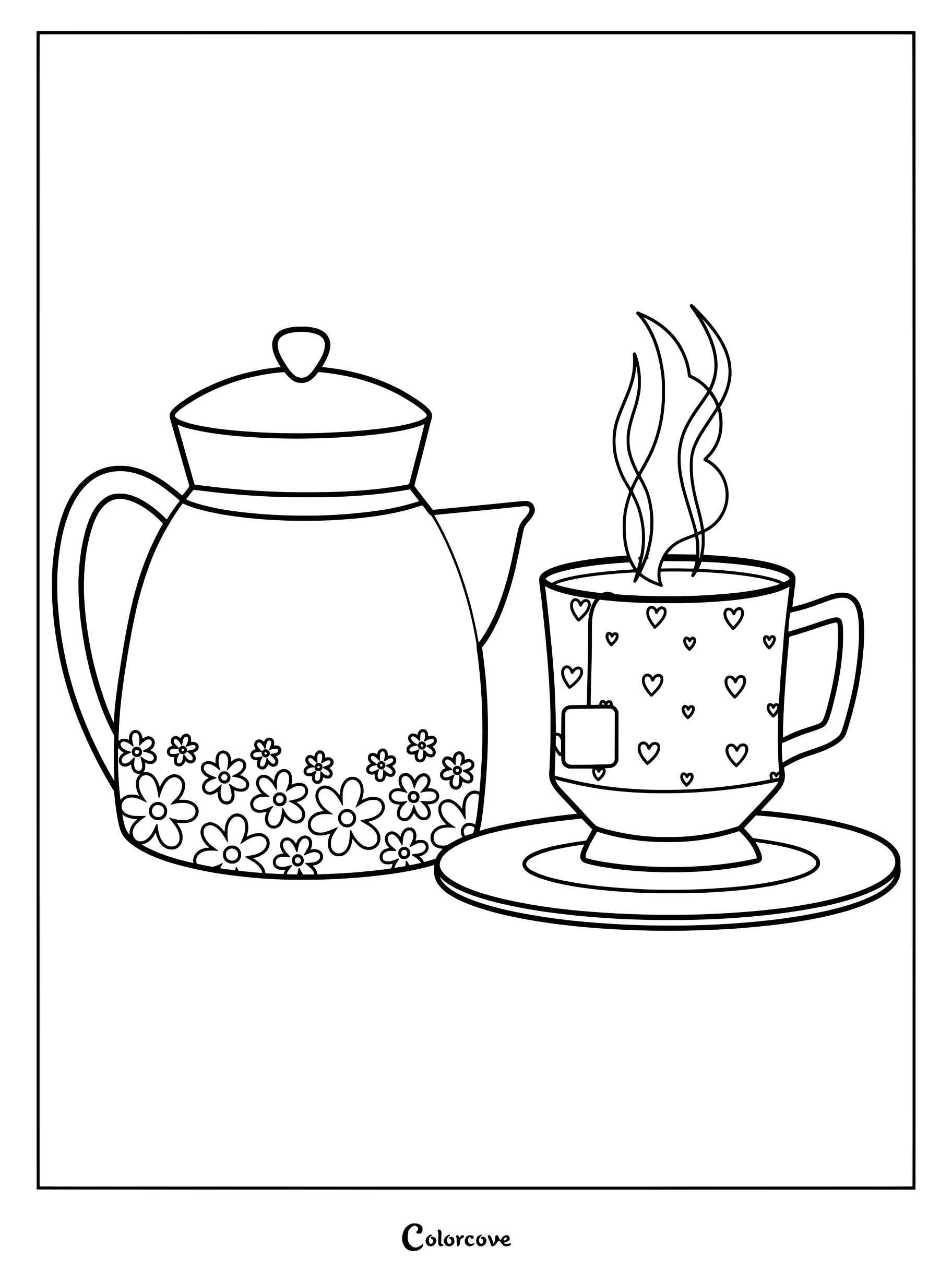 Dibujo de té para colorear e imprimir con una tetera con estampado floral y una taza con estampado de corazones echando humo.