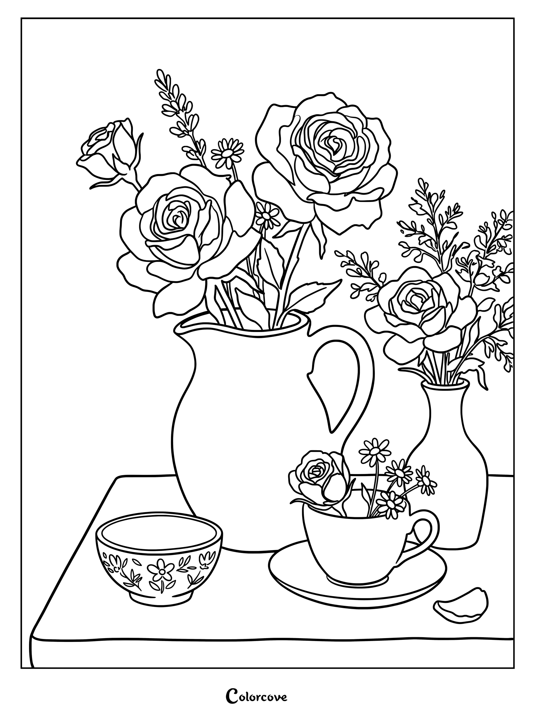 Un dibujo de bodegón floral para colorear con una jarra de cerámica llena de rosas, una taza de té con margaritas y un cuenco sobre una mesa.