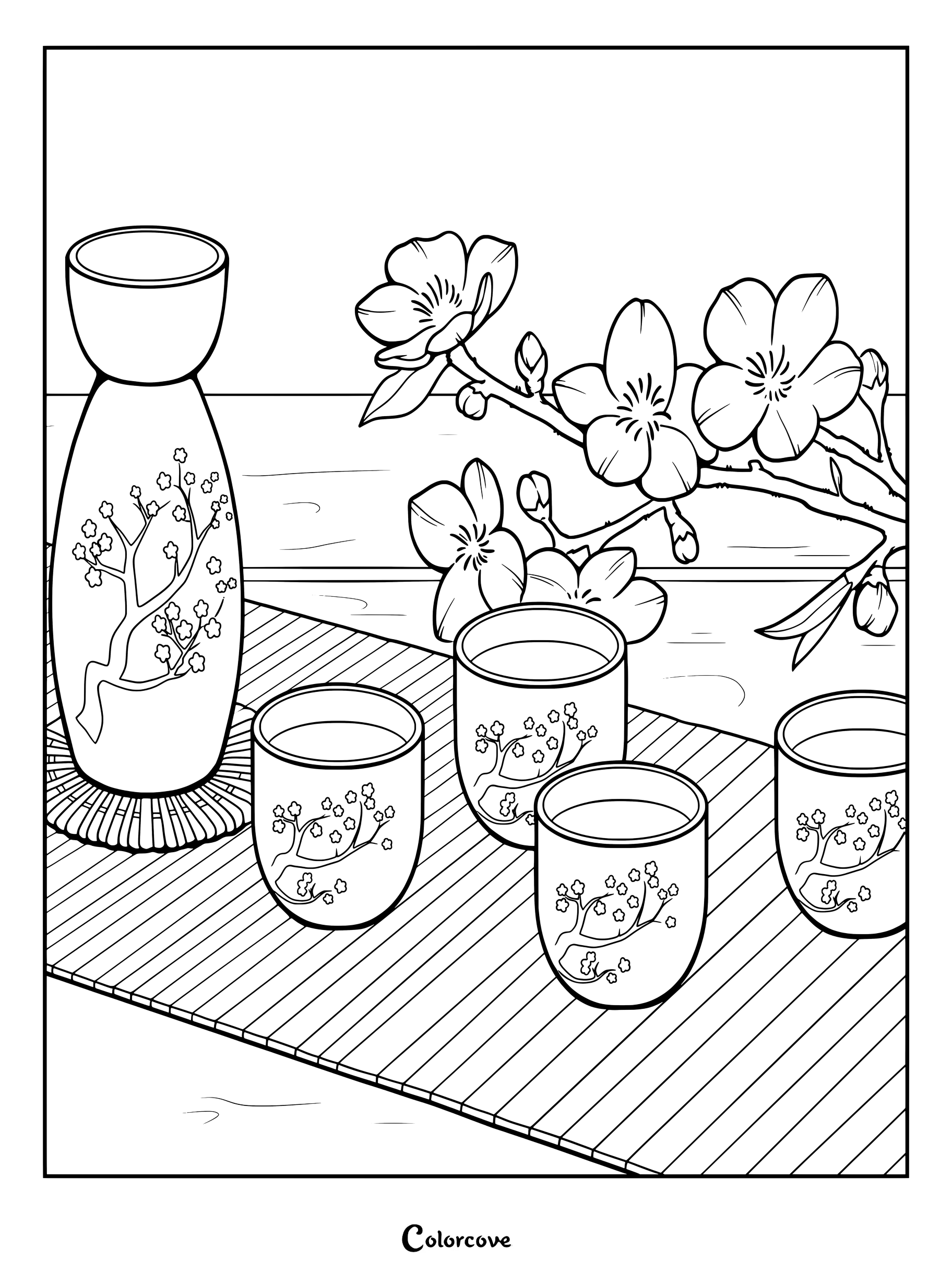 Dibujo para colorear de un juego de té japonés con ramas floridas, tazas y una jarra sobre una esterilla de bambú.