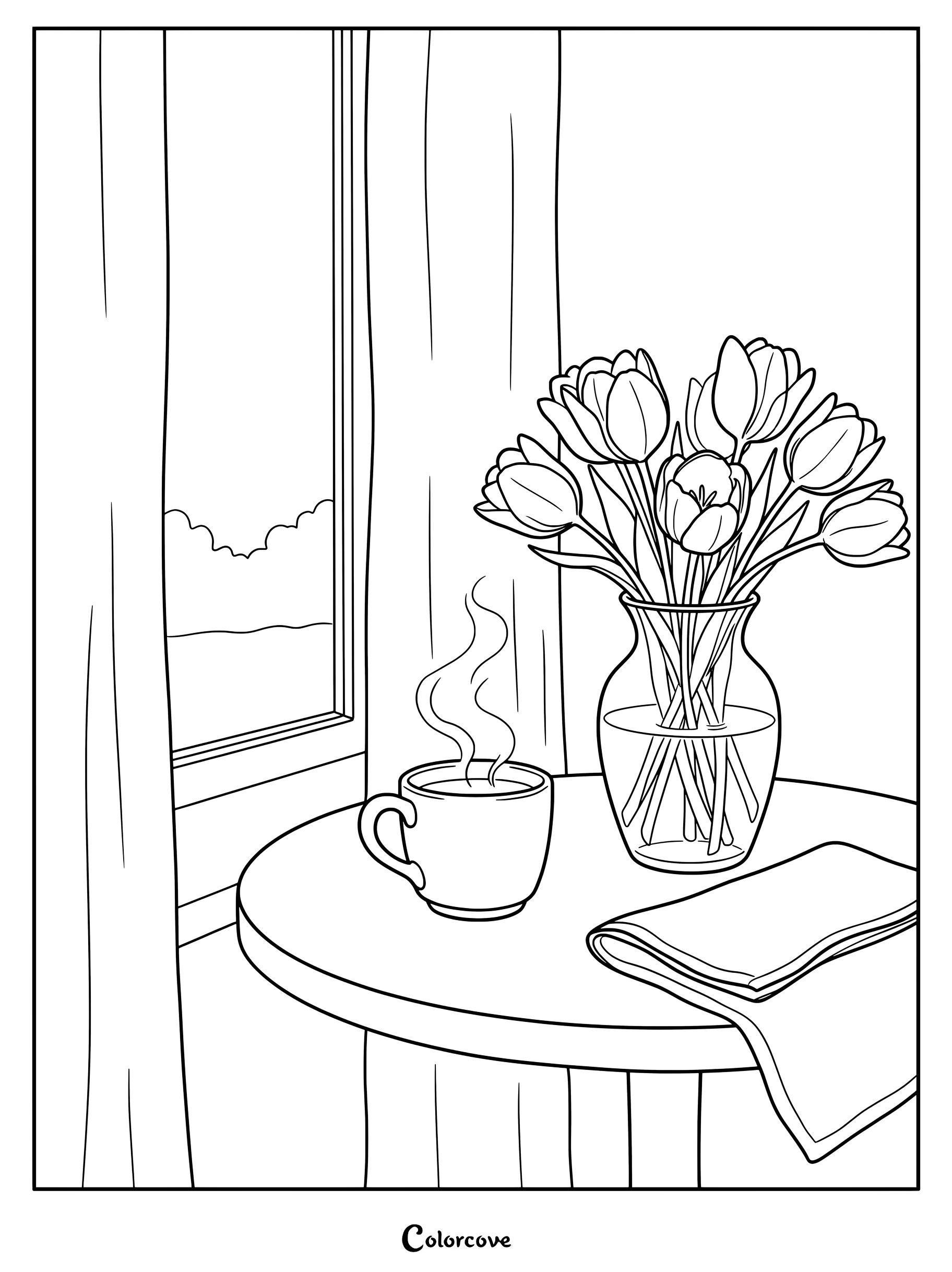 Un dibujo para colorear e imprimir con una taza de té humeante junto a un florero con tulipanes sobre una mesa cerca de una ventana.