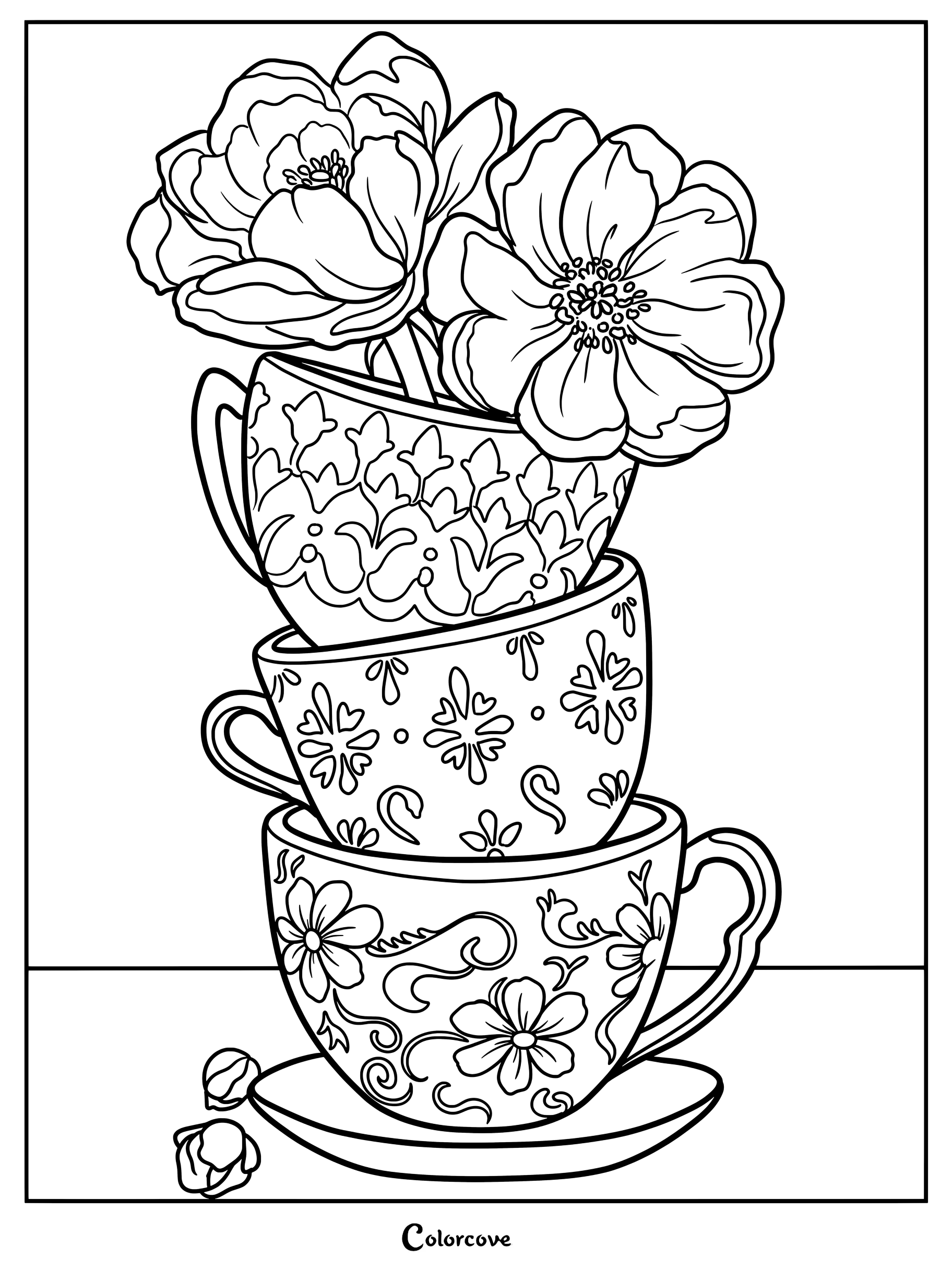 Dibujo de té para colorear e imprimir con una pila de tres tazas con intrincados estampados llenas de flores grandes.