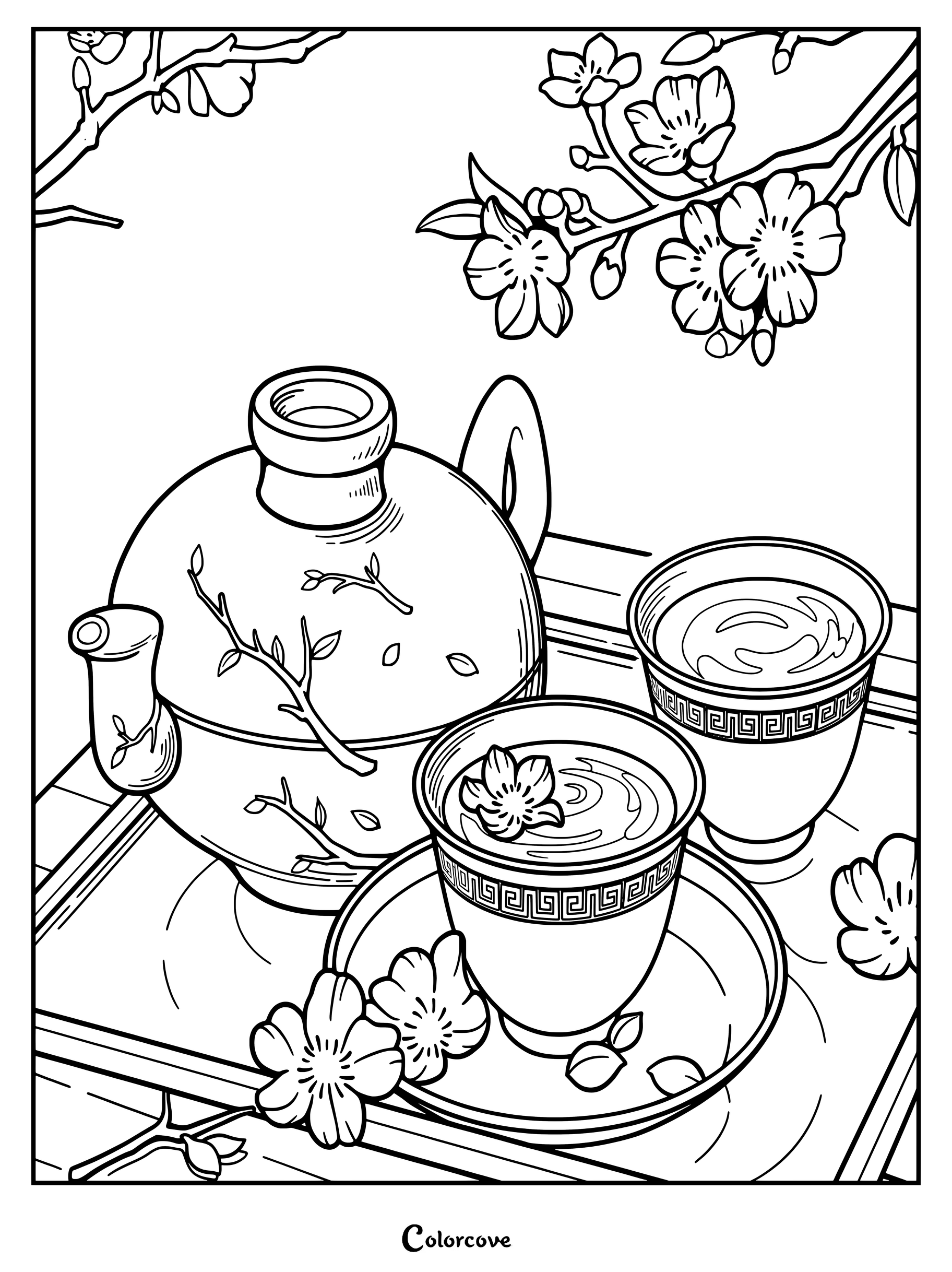 Juego de té con diseño de flores de cerezo en una bandeja de madera para un dibujo de té para colorear.