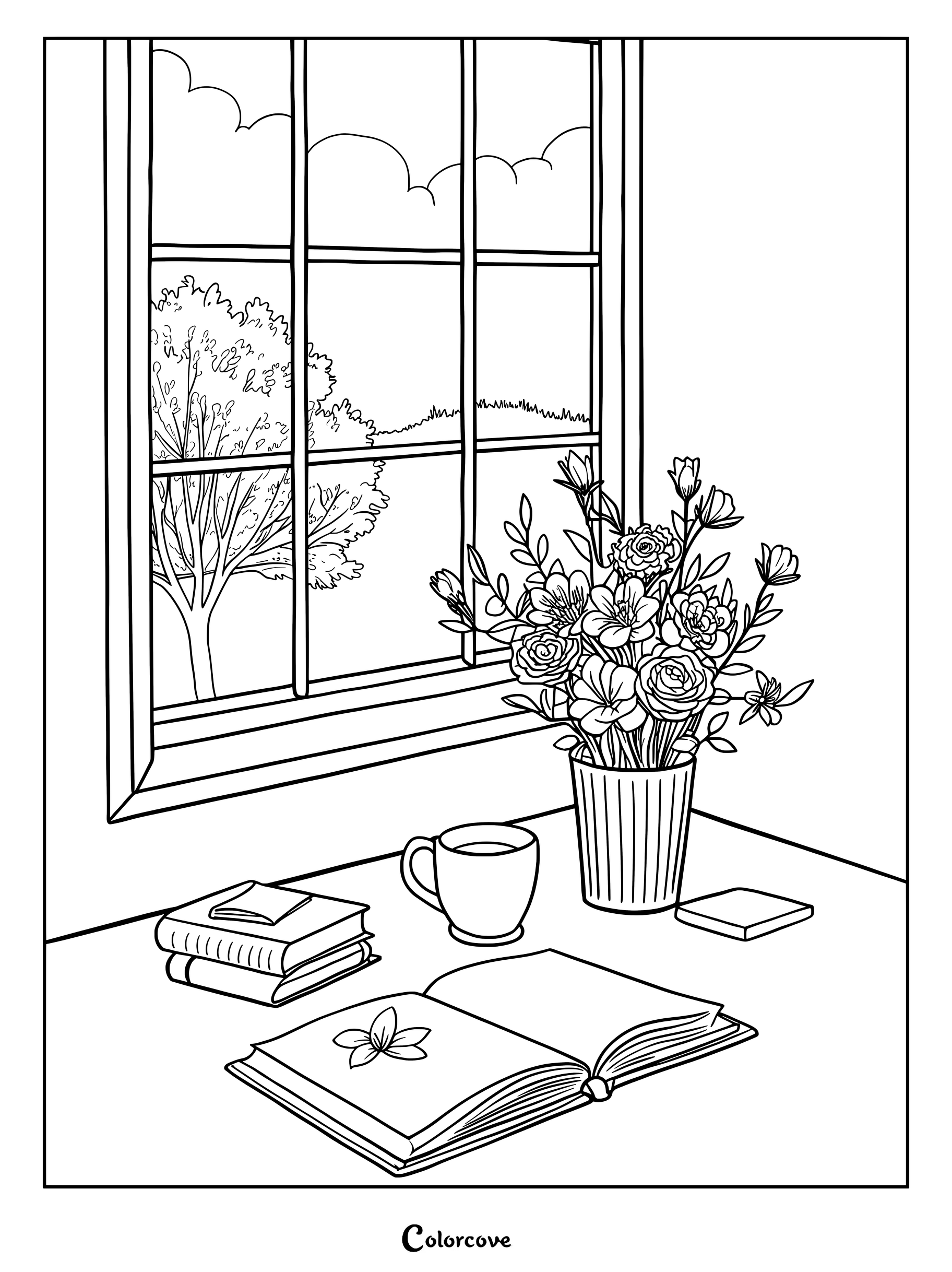 Acogedor dibujo de té para colorear con una taza, un florero y libros junto a una ventana.