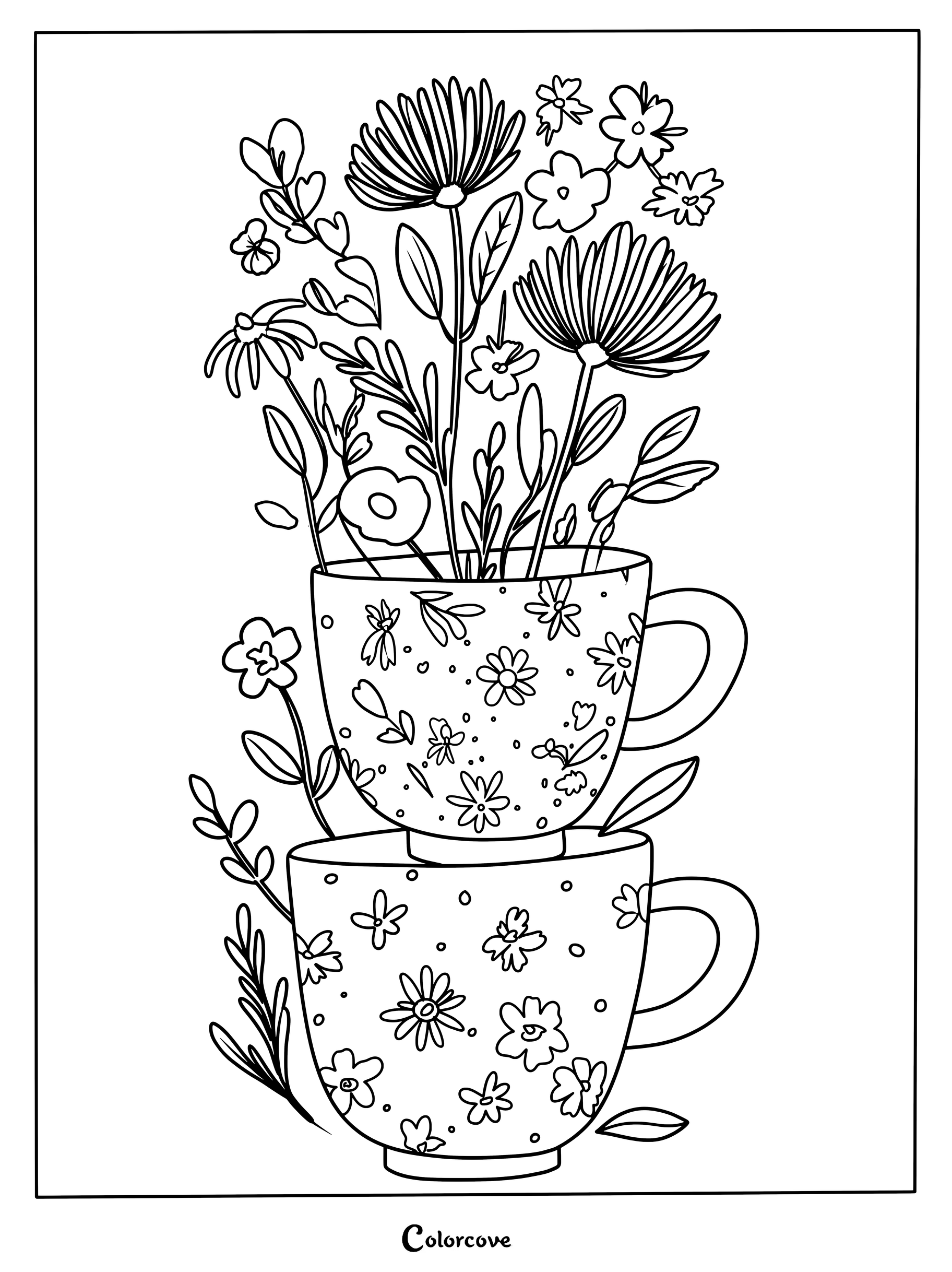 Dibujo detallado de té para colorear que muestra dos tazas estampadas apiladas verticalmente y llenas de varias flores silvestres.
