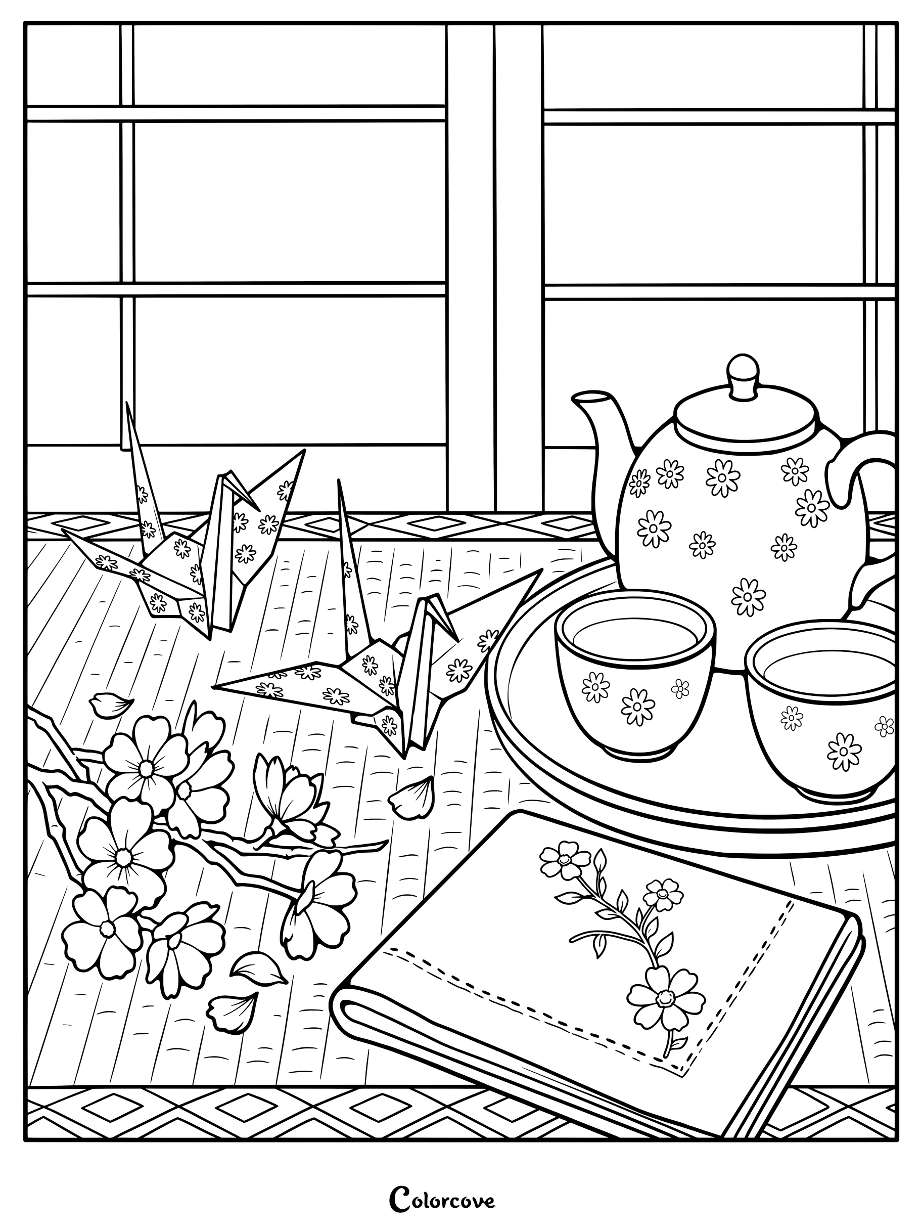 Dibujo para colorear de té japonés con una tetera, tazas, grullas de origami y flores de cerezo.