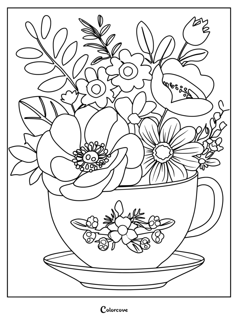 Decorative teacup filled with a bouquet of spring flowers coloring page.