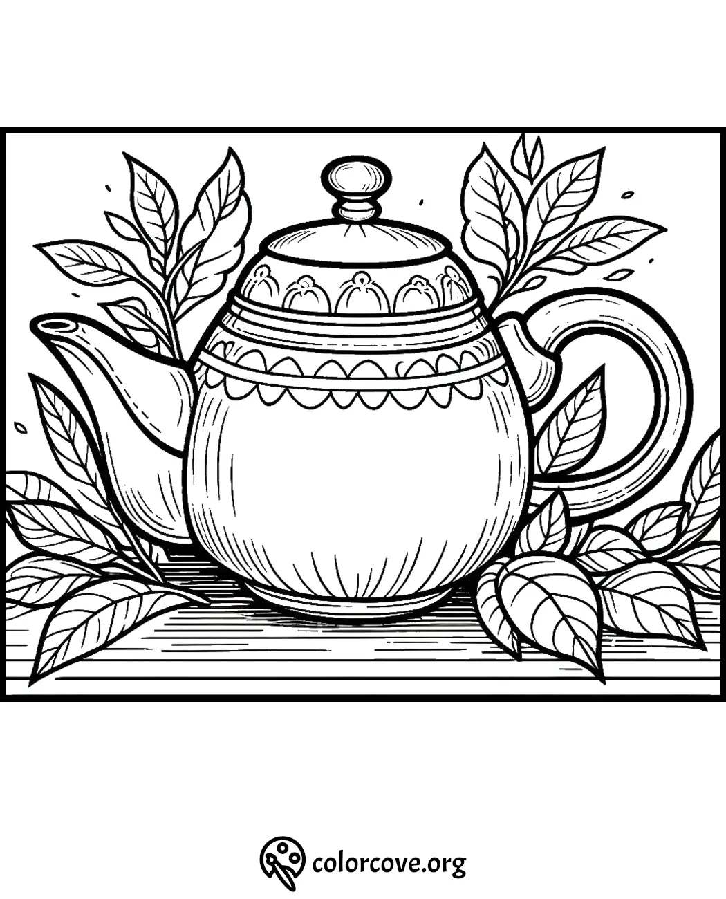 Teapot coloring page with intricate designs and surrounding leaves for a relaxing and creative activity.