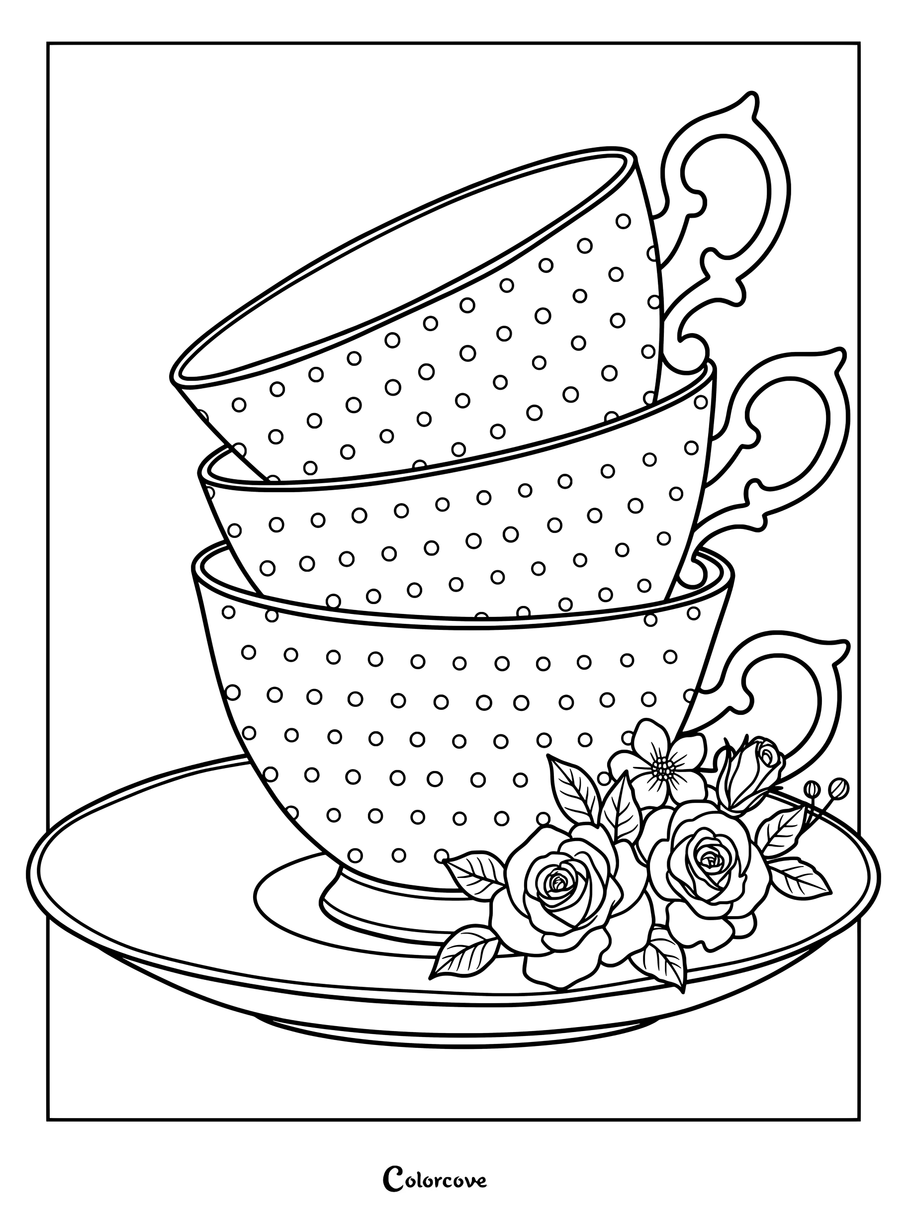 Dibujo de té para colorear e imprimir con una pila de tres tazas de lunares sobre un plato decorado con rosas.
