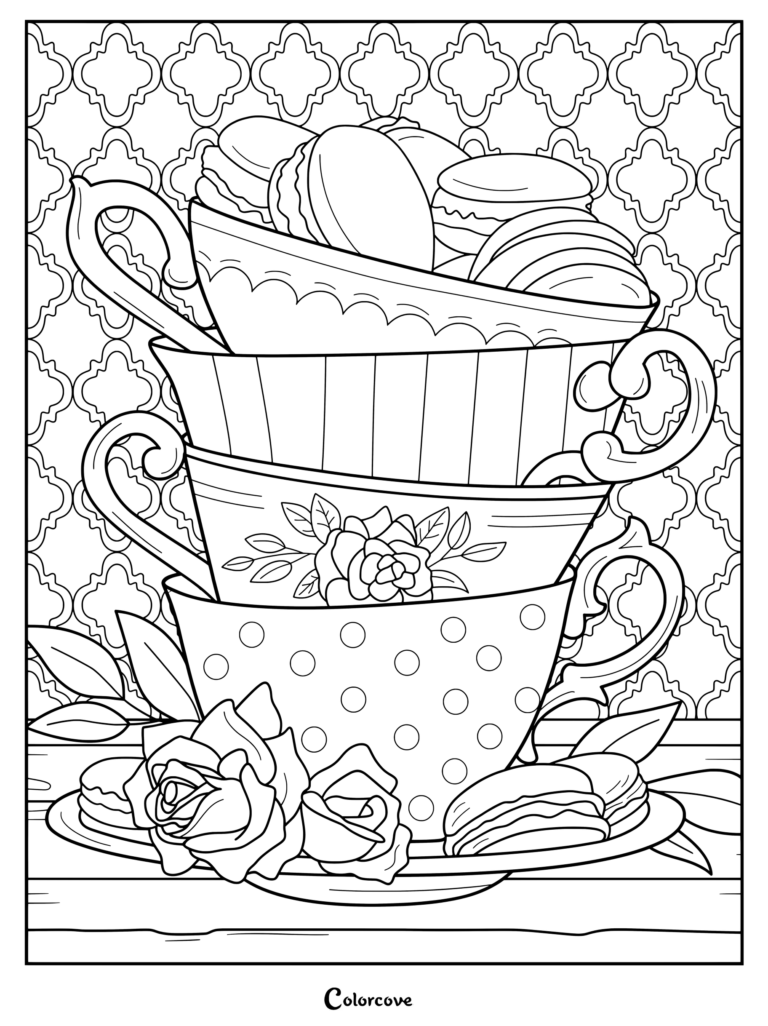 A printable tea coloring page featuring a high stack of ornate teacups filled with macarons and adorned with roses.