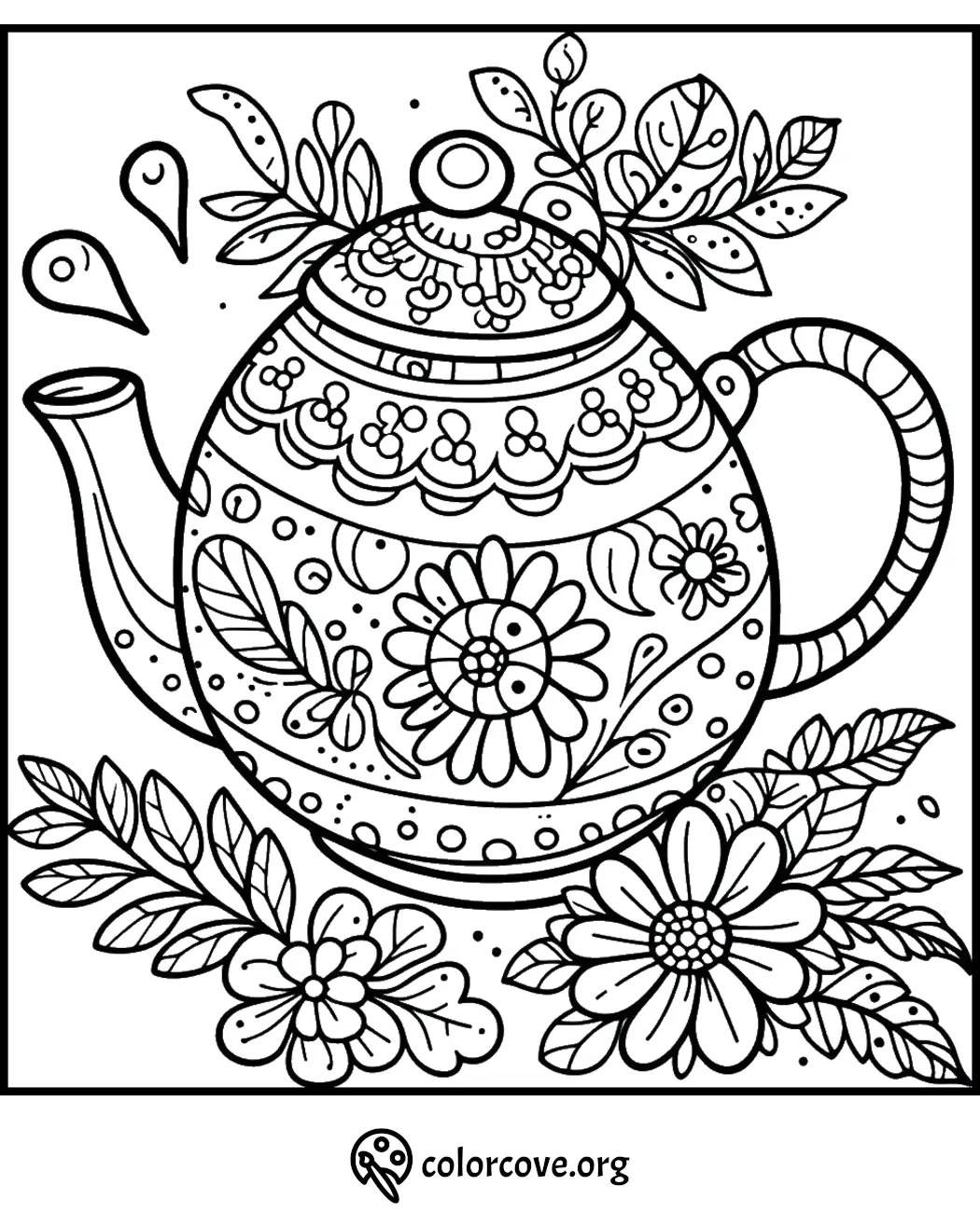 Intricate floral teapot coloring page with leaves and flowers, perfect for relaxation and creativity.