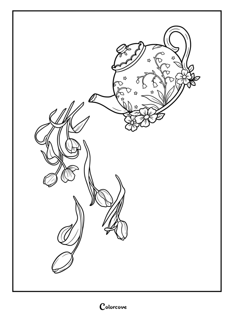 Decorative floral teapot pouring tulips printable tea coloring page.