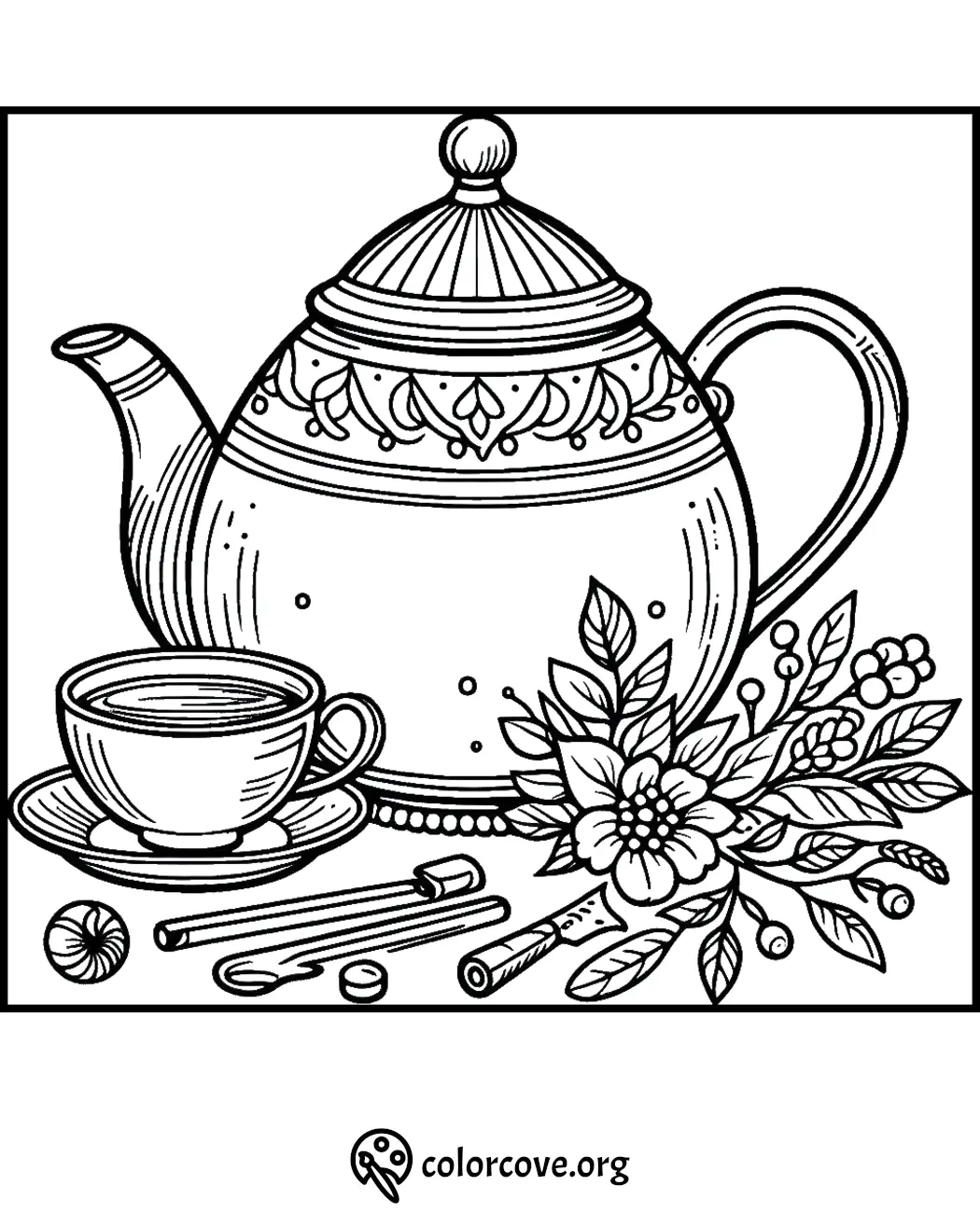 Coloring page with a decorated teapot, cup, flower, and various spices. Perfect for tea lovers and coloring enthusiasts.