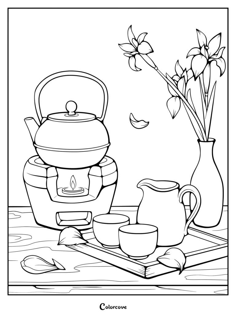 A printable tea coloring page featuring a metal kettle warming on a small stove, cups, a pitcher, and a vase of flowers.