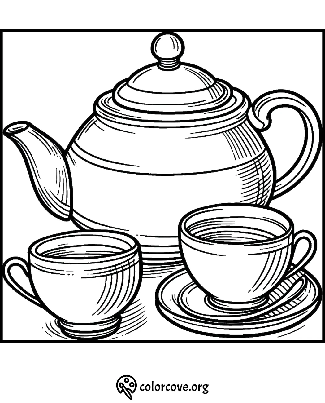 Coloring page of a teapot and two teacups on saucers, perfect for a relaxing and artistic tea-time activity.