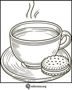 A detailed coloring page of a steaming cup of tea on a saucer with a biscuit on the side.