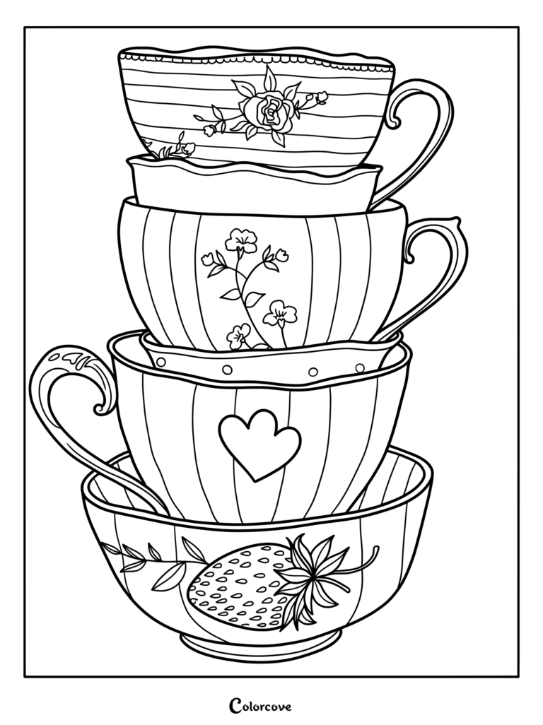 A whimsical tea coloring page featuring a towering stack of ornately decorated porcelain cups.