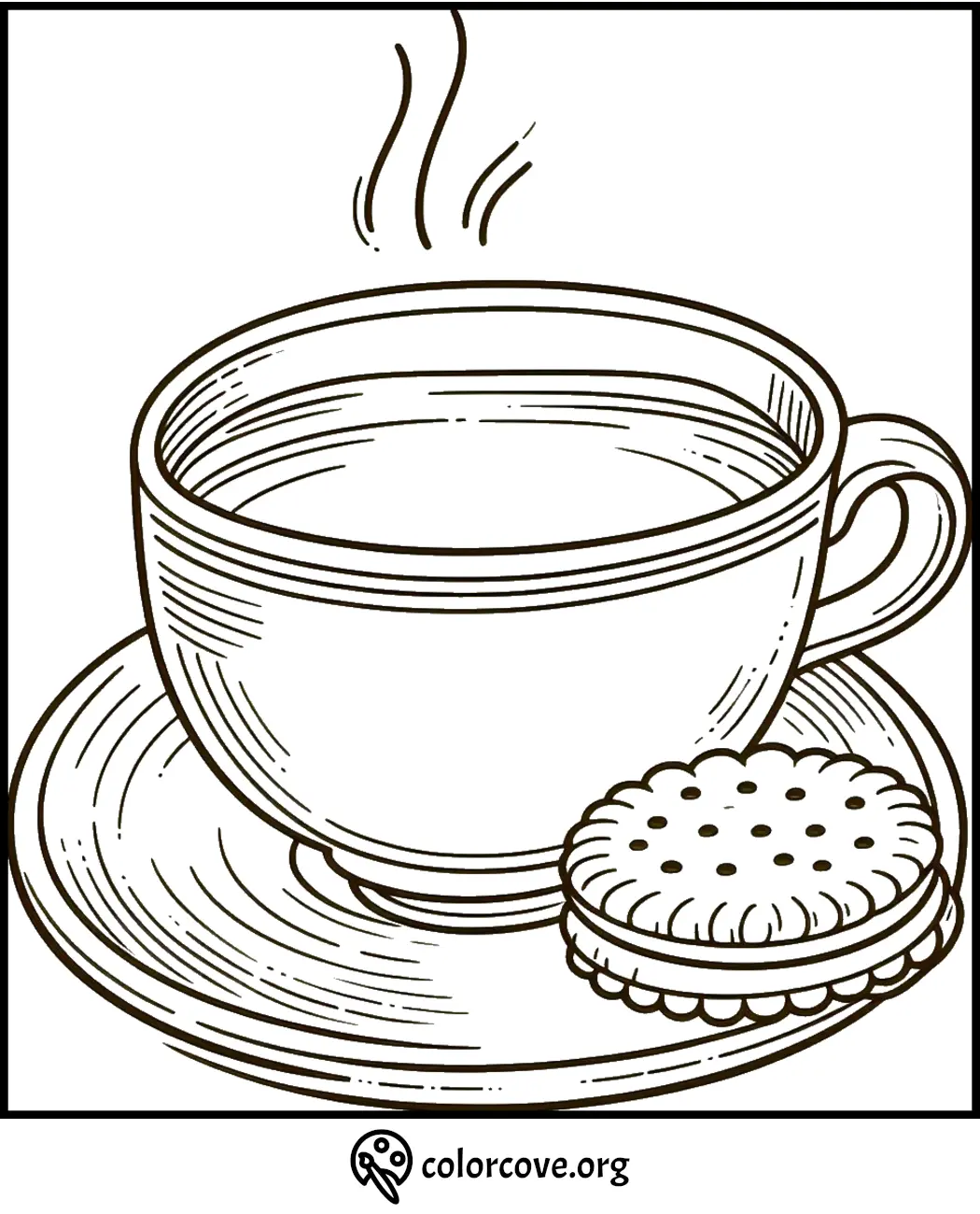 A detailed coloring page of a steaming cup of tea on a saucer with a biscuit on the side.