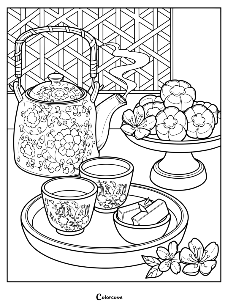 An ornate Asian teapot, small cups, and traditional pastries in a tea coloring page.