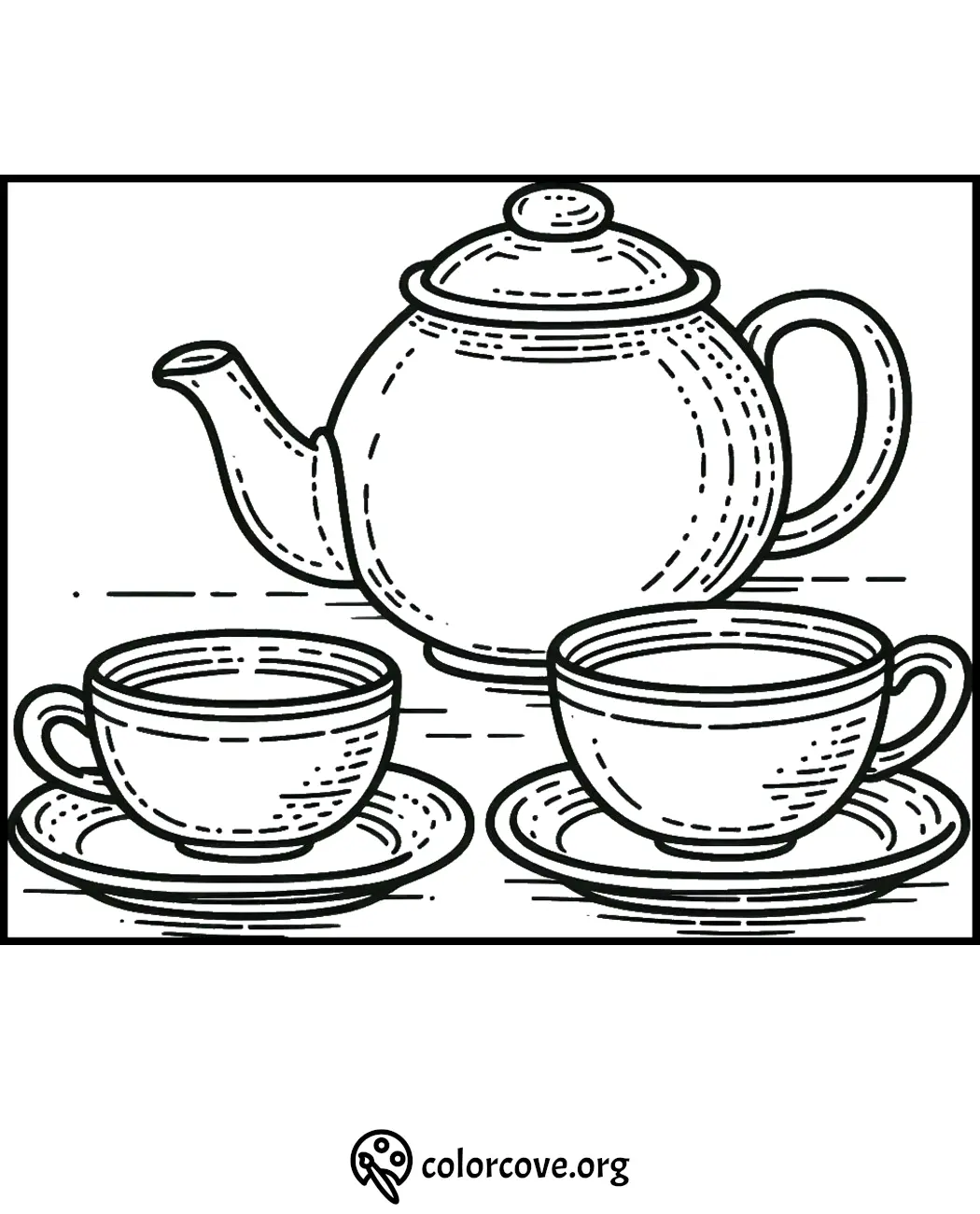 Coloring page of a teapot with two tea cups on saucers, perfect for kids and adults to color and relax. #TeaTimeColoring