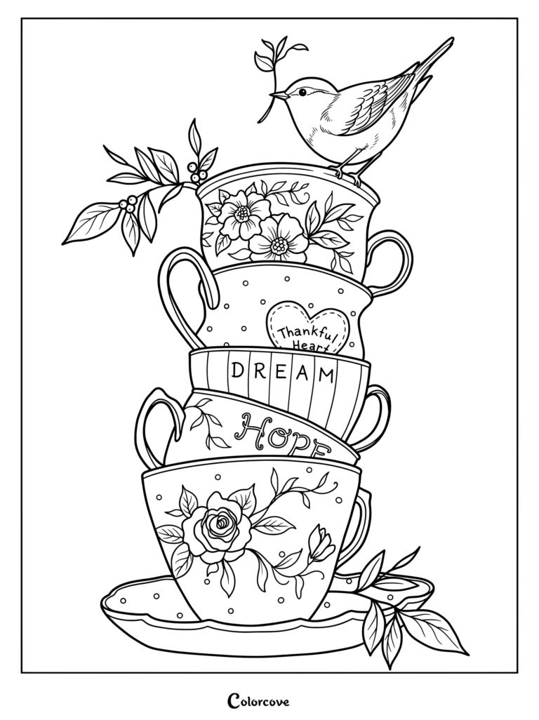 Stacked decorative tea cups coloring page featuring inspirational words, floral designs, and a bird holding a twig.