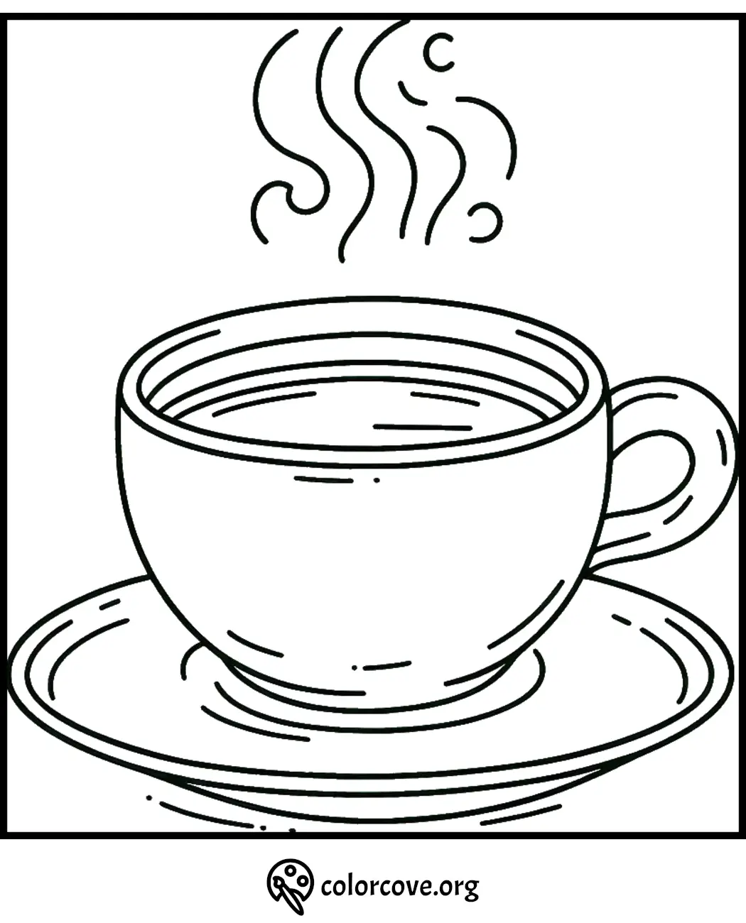 Coloring page of a steaming cup of coffee on a saucer. Perfect for a relaxing and creative activity.