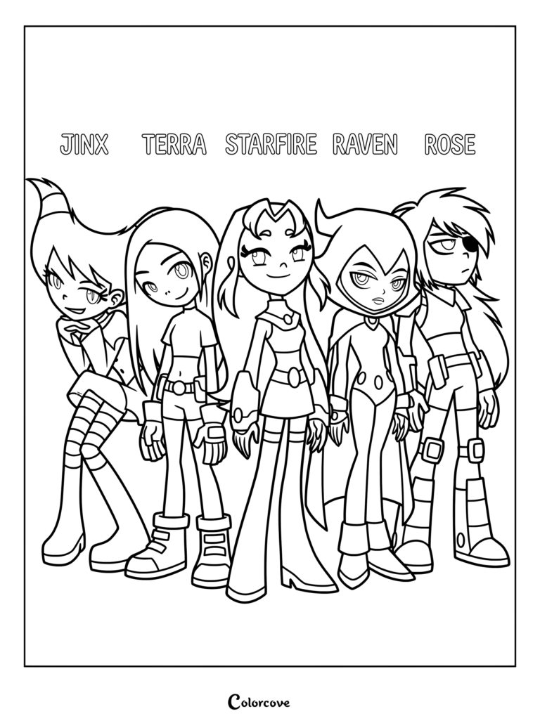 Coloriage des filles de Teen Titans présentant Jinx, Terra, Starfire, Raven et Rose debout ensemble en dessin au trait.