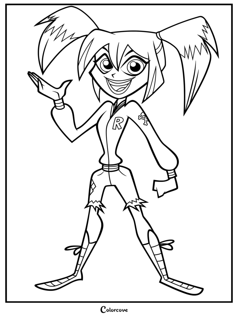 Coloriage de Harleen Quinzel avec ses deux couettes et une veste arborant le symbole R.