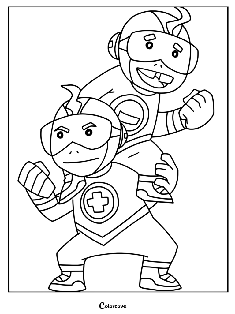 Coloriage de Mas y Menos mettant en scène les jumeaux super-rapides posant ensemble