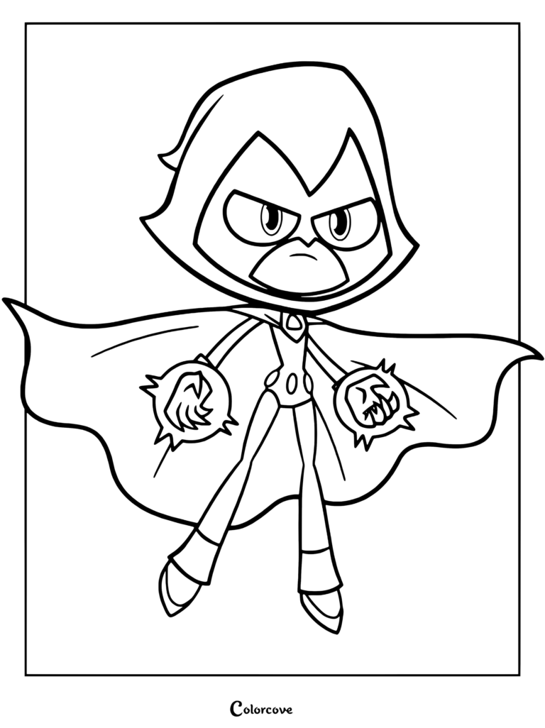 Coloriage du personnage Raven de Teen Titans la montrant en lévitation dans sa cape à capuche, de la magie lumineuse plein les mains