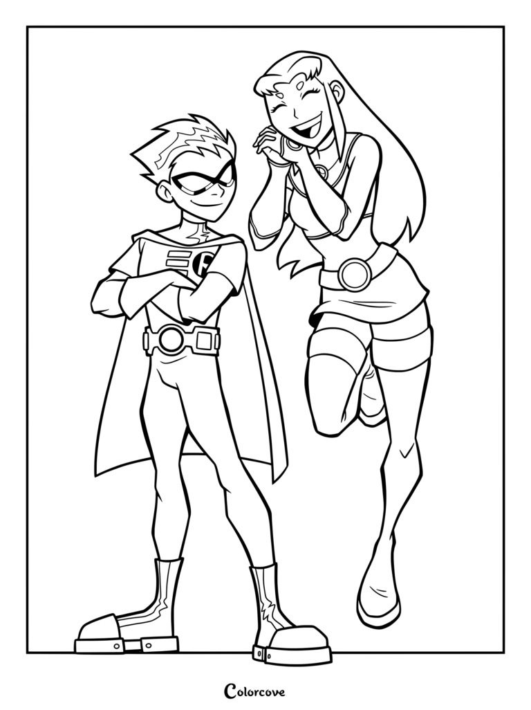 Page de coloriage à imprimer de Robin et Starfire souriant joyeusement