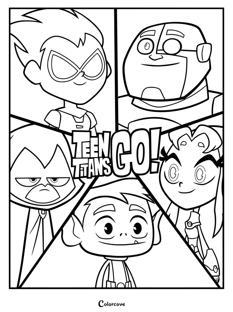 Coloriage gratuit à imprimer mettant en scène le groupe principal de cinq jeunes super-héros DC : Robin (en haut à gauche), Cyborg (en haut à droite), Raven (au milieu à gauche), Starfire (au milieu à droite) et Beast Boy (en bas au centre).