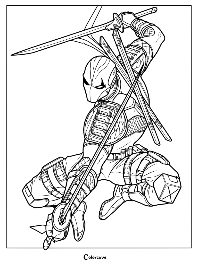 Coloriage de Slade Deathstroke brandissant une épée dans une pose d'action