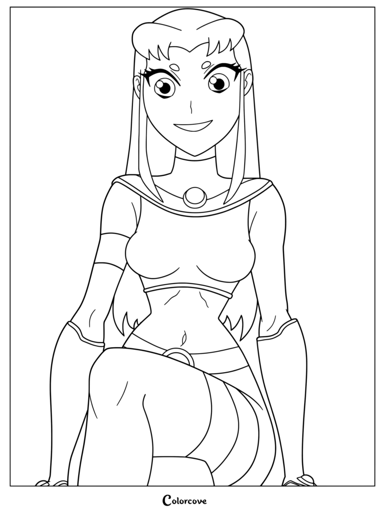 Coloriage de Starfire de Teen Titans présentant la super-héroïne accroupie dans sa tenue emblématique.